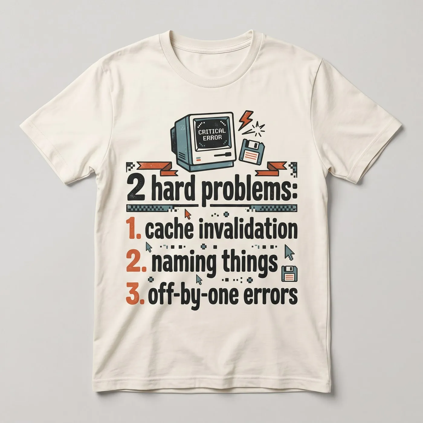 Off By One t-shirt printed with "2 hard problems: / 1. cache invalidation / 2. naming things / 3. off-by-one errors"